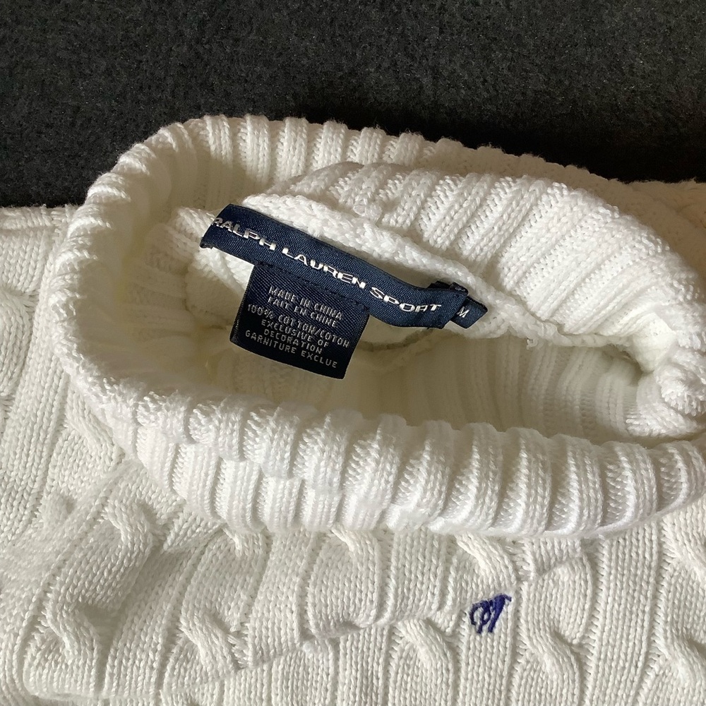 Ralph Lauren Sport CowlNeck Sweater Women Med. White Cable Knit Pullover Cotton - Picture 8 of 12